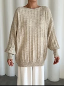 Açık Bej Kayık Yaka Fitilli Oversize Kazak - 2