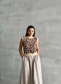 Taş-Kahve Leopar Desenli Yumoş Süveter - 5