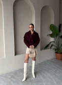 Bordo Kısa Kemerli Kaşe Ceket - 7