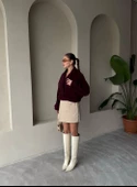 Bordo Kısa Kemerli Kaşe Ceket - 5