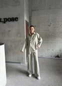 Haki %100 Pamuk Kruvaze Kapama Tek Düğmeli Kimono Pantolon Takım - 5