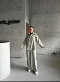 Haki %100 Pamuk Kruvaze Kapama Tek Düğmeli Kimono Pantolon Takım - 8