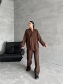 Kahve %100 Pamuk Kruvaze Kapama Tek Düğmeli Kimono Pantolon Takım - 4