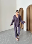 Antrasit Kruvaze Pamuklu Kimono Pantolon Takım - 5