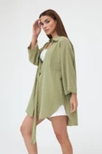 Haki Flam Keten Kimono Gömlek - 4
