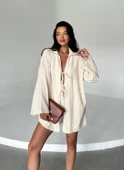Taş %100 Keten Bağcık Detaylı Kimono Bluz - 3