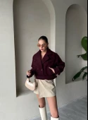 Bordo Kısa Kemerli Kaşe Ceket - 6