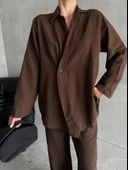 Kahve %100 Pamuk Kruvaze Kapama Tek Düğmeli Kimono Pantolon Takım - 2