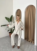 Taş Detaylı Yan Bağlamalı Keten Kumaş Kimono Takım - 6