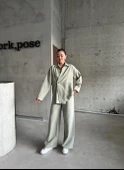 Haki %100 Pamuk Kruvaze Kapama Tek Düğmeli Kimono Pantolon Takım - 9
