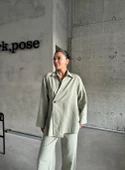 Haki %100 Pamuk Kruvaze Kapama Tek Düğmeli Kimono Pantolon Takım - 3
