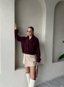 Bordo Kısa Kemerli Kaşe Ceket - 8