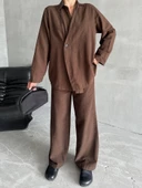 Kahve %100 Pamuk Kruvaze Kapama Tek Düğmeli Kimono Pantolon Takım - 1