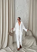 Ekru Boncuklu Kimono Keten Takım - 2