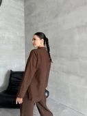 Kahve %100 Pamuk Kruvaze Kapama Tek Düğmeli Kimono Pantolon Takım - 7