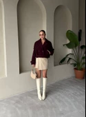 Bordo Kısa Kemerli Kaşe Ceket - 4