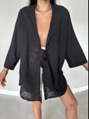 Siyah Flam Keten Kimono Gömlek - 1