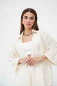 Taş Renk Flam Keten Kimono Gömlek - 4