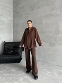 Kahve %100 Pamuk Kruvaze Kapama Tek Düğmeli Kimono Pantolon Takım - 6