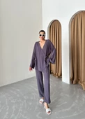 Antrasit Kruvaze Pamuklu Kimono Pantolon Takım - 4