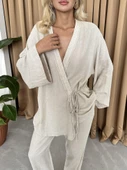 Taş Detaylı Yan Bağlamalı Keten Kumaş Kimono Takım - 3