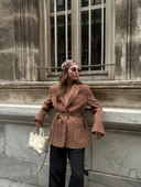 Kahve Buklet Kemerli Kaşe Blazer Ceket - 3