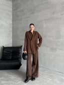 Kahve %100 Pamuk Kruvaze Kapama Tek Düğmeli Kimono Pantolon Takım - 5