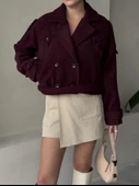 Bordo Kısa Kemerli Kaşe Ceket - 3