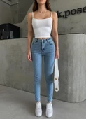 Açık Mavi Kar Yıkamalı Likralı Mom Jean Pantolon - 3