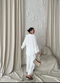 Ekru Boncuklu Kimono Keten Takım - 5