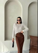 Kahve Mary Kemerli Krep Örme Etek - 7