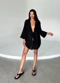 Siyah Flam Keten Kimono Gömlek - 3