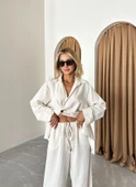 Natural %100 Pamuk Kruvaze Kapama Tek Düğmeli Kimono Pantolon Takım - 6