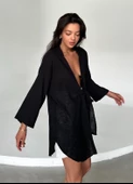 Siyah Flam Keten Kimono Gömlek - 4