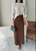 Kahve Mary Kemerli Krep Örme Etek - 2