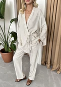 Taş Detaylı Yan Bağlamalı Keten Kumaş Kimono Takım - 2