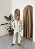 Taş Detaylı Yan Bağlamalı Keten Kumaş Kimono Takım - 4