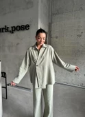Haki %100 Pamuk Kruvaze Kapama Tek Düğmeli Kimono Pantolon Takım - 7