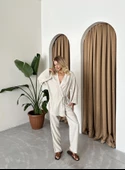 Taş Detaylı Yan Bağlamalı Keten Kumaş Kimono Takım - 5