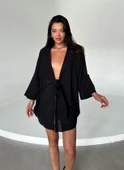 Siyah Flam Keten Kimono Gömlek - 5