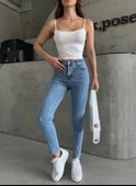 Açık Mavi Kar Yıkamalı Likralı Mom Jean Pantolon - 1