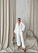 Ekru Boncuklu Kimono Keten Takım - 3