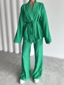 Yeşil Şal Yaka Kimono Pantolon Takım - 1