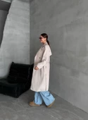 Krem Dökümlü Astarsız Uzun Trençkot - 8