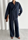 Lacivert %100 Pamuk Kruvaze Kapama Tek Düğmeli Kimono Pantolon Takım - 2