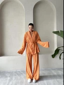 Turuncu Şal Yaka Kimono Pantolon Takım - 7