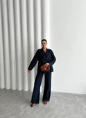 Lacivert %100 Pamuk Kruvaze Kapama Tek Düğmeli Kimono Pantolon Takım - 7