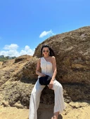 Natural Siyah Çizgili Tek Omuz Yelek Pantolon Takım - 2