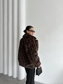 Kahve Lion Leopar Desen Kürk Mont - 5