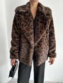 Kahve Lion Leopar Desen Kürk Mont - 1